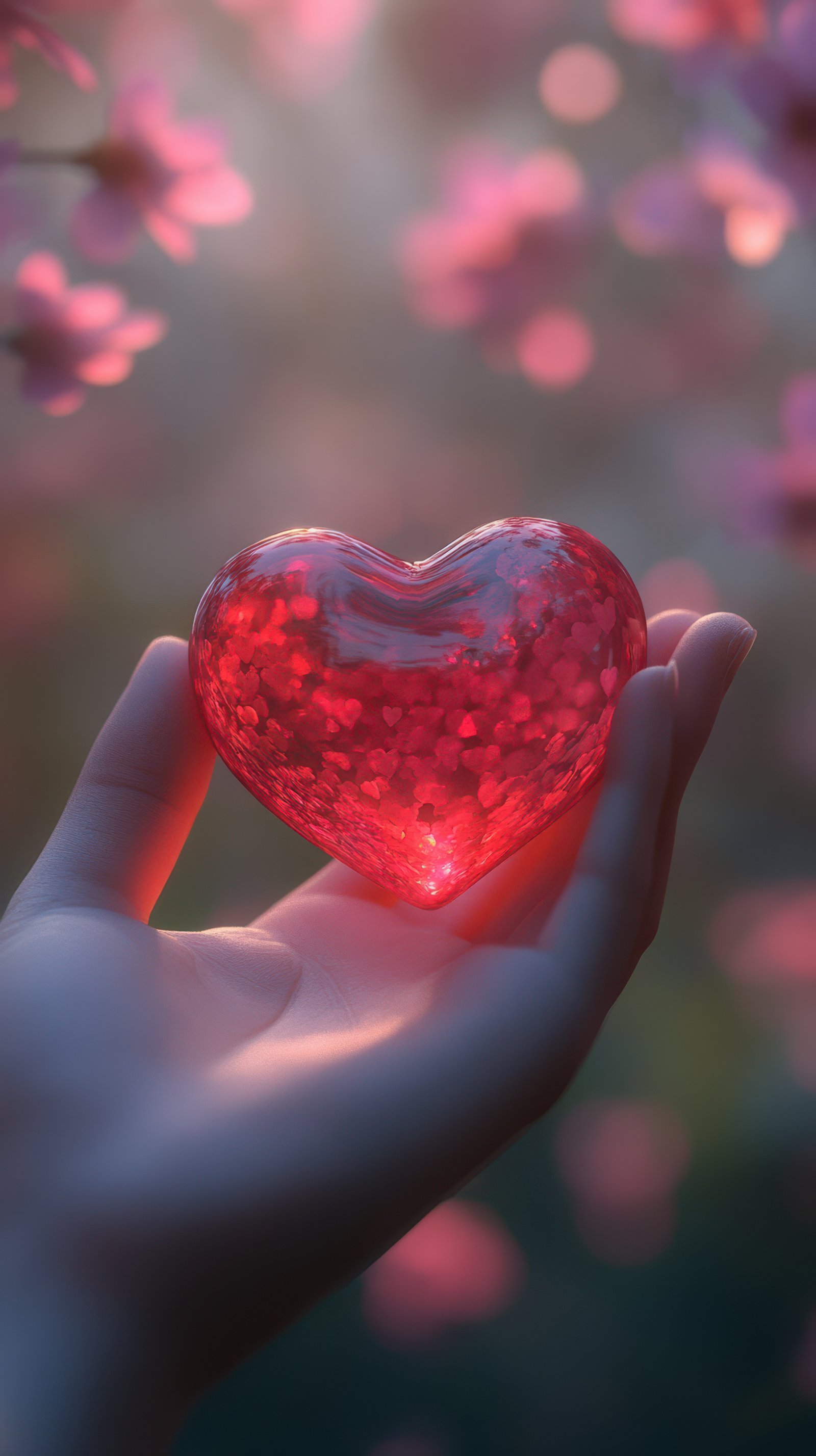 Heart-shaped decorative item held gently in a hand surrounded by soft floral bokeh at sunset